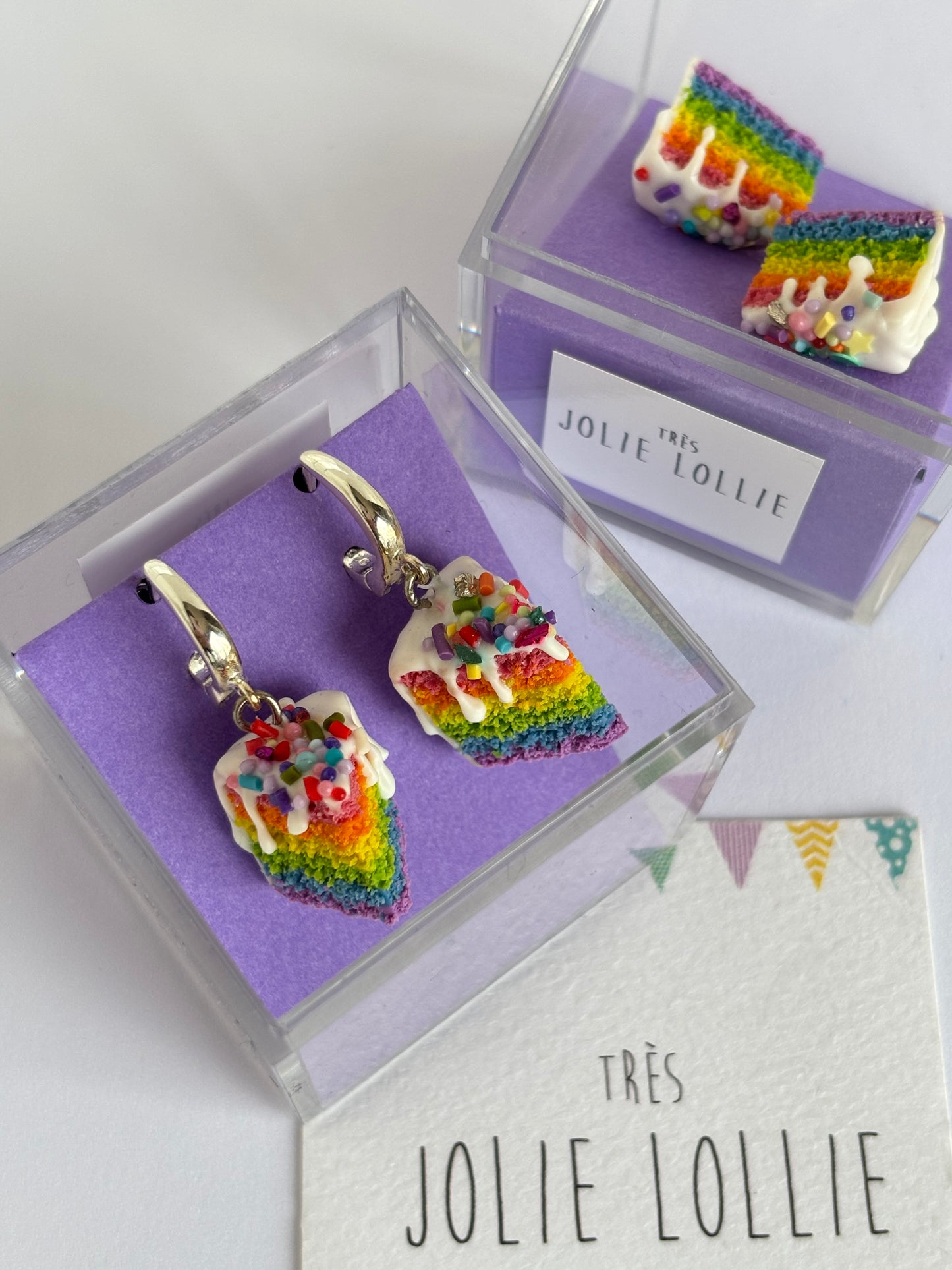 Rainbow Cake Slice Silver Earrings
