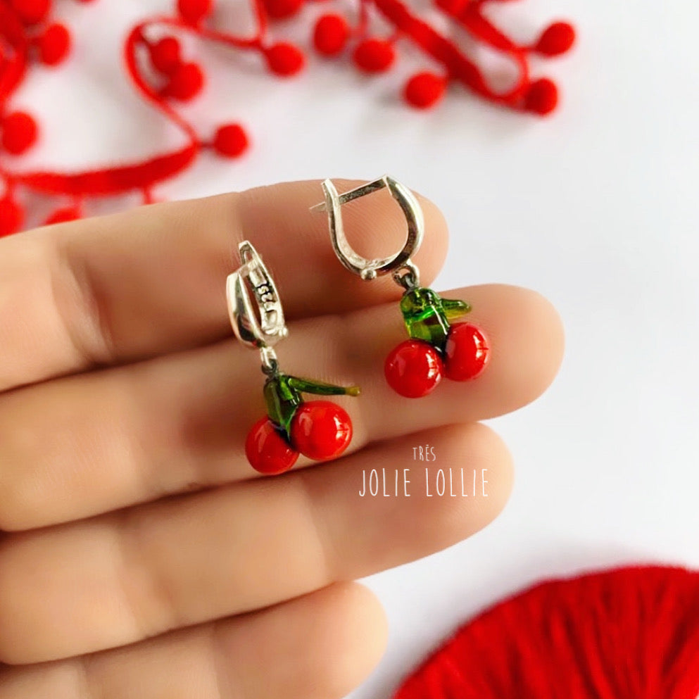 Glass Cherry Silver Earrings