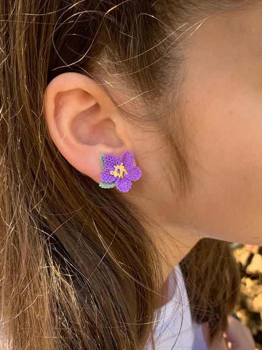 İğne Oyası Çiçek Klips Küpe - Mor