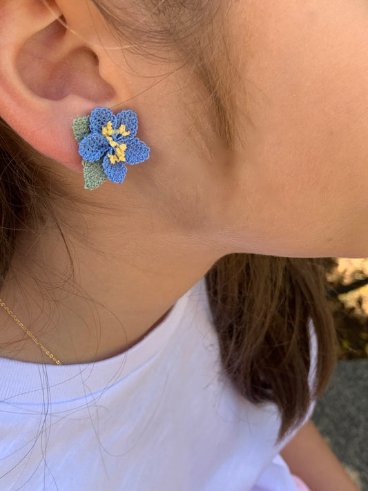 İğne Oyası Çiçek Klips Küpe - Mavi