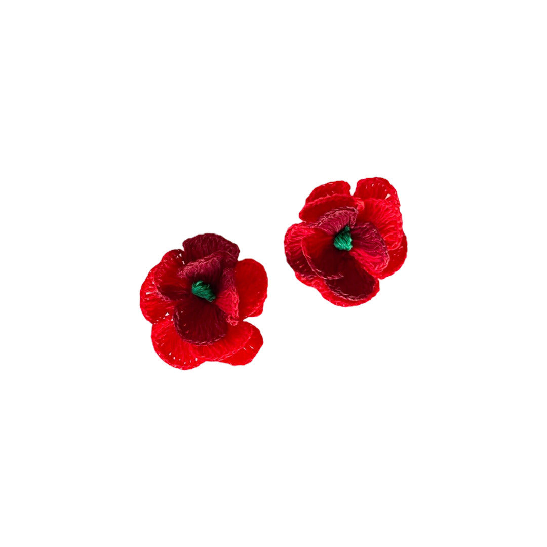Crochet Flower Clip Earrings - Red