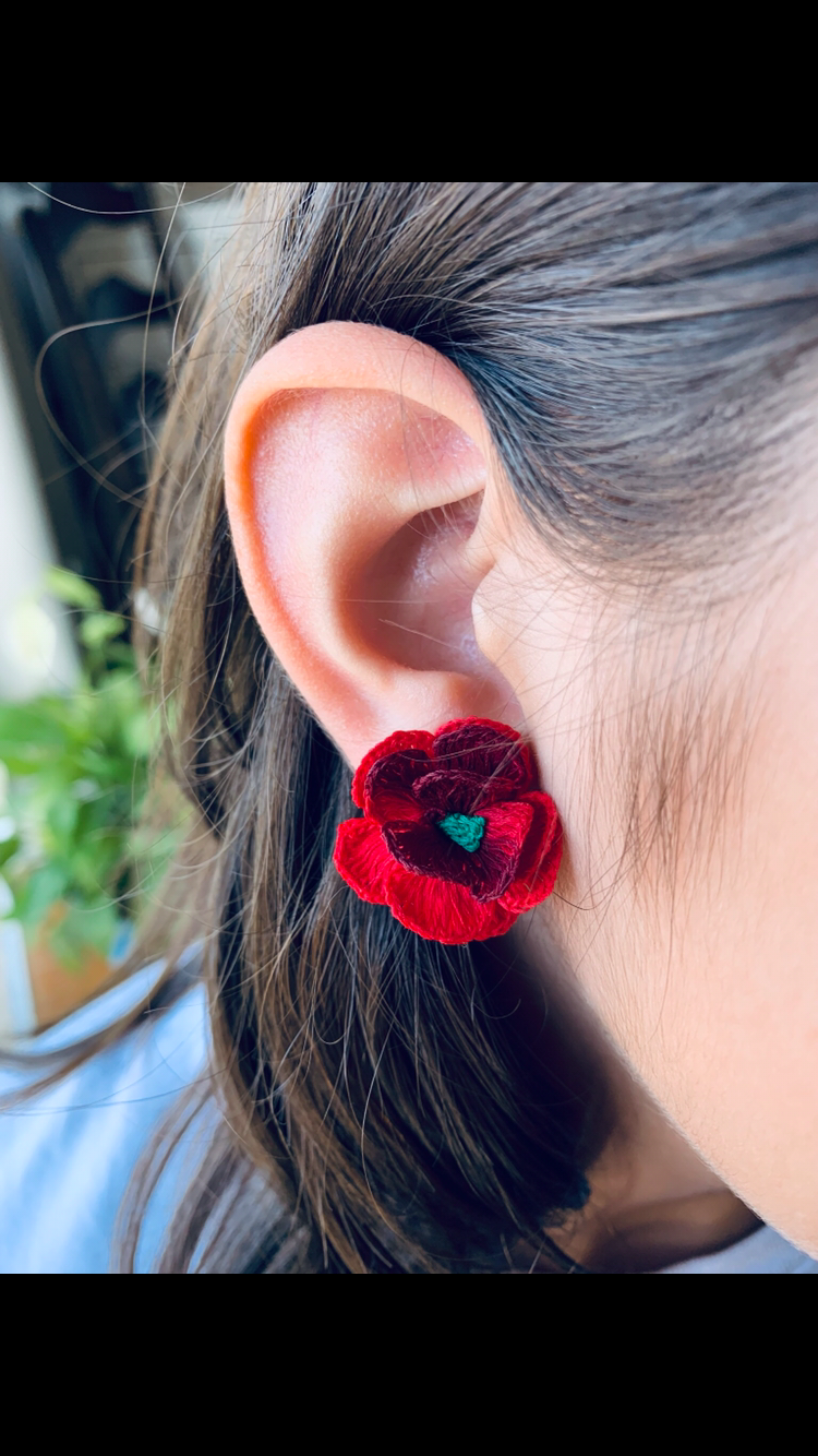 Crochet Flower Clip Earrings - Red
