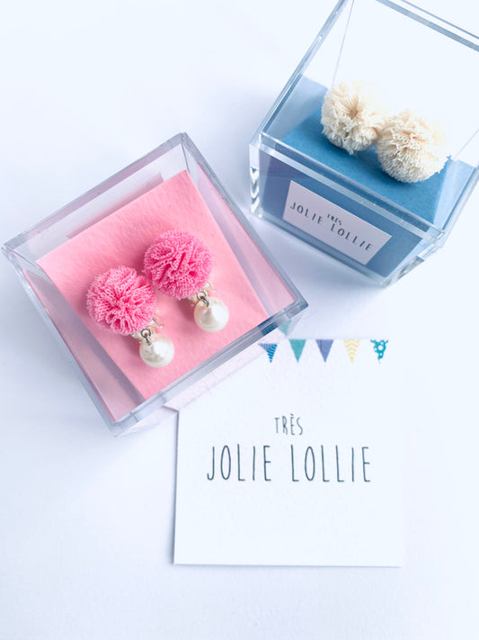 Pearl Pompom Clip Earrings - Pink
