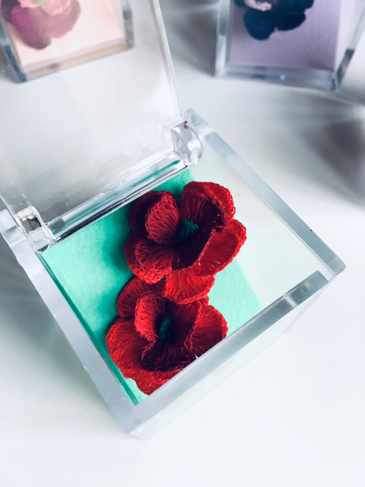 Crochet Flower Clip Earrings - Red