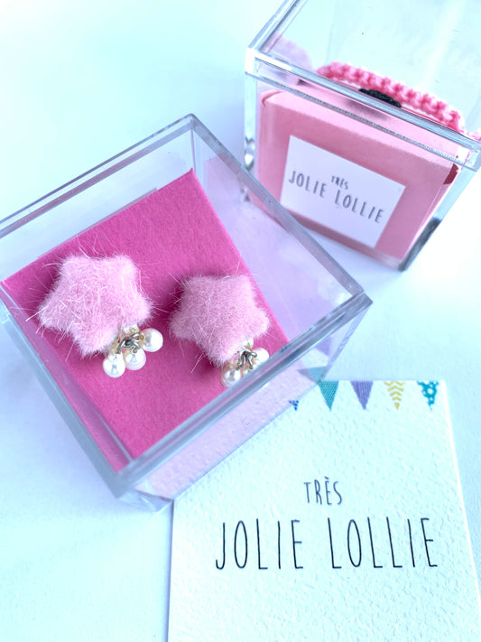 İncili Tüylü Yıldız Klips Küpe - Pembe