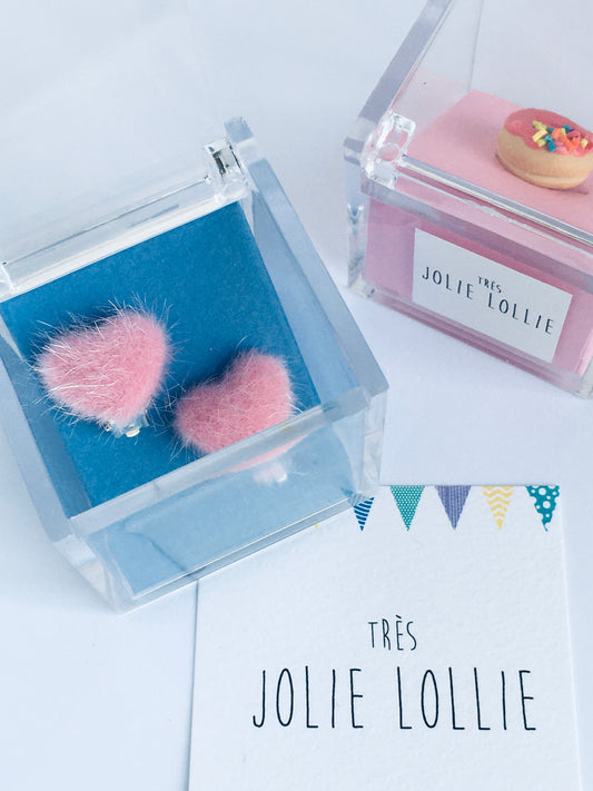 Tüylü Kalp Klips Küpe - Pembe