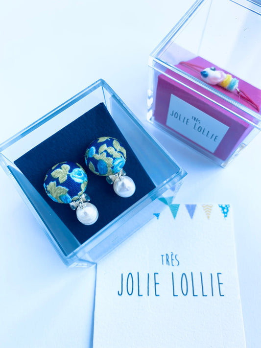 İncili Bloom Button Klips Küpe - Lacivert