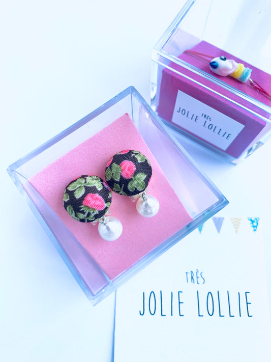 İncili Bloom Button Klips Küpe - Kahverengi