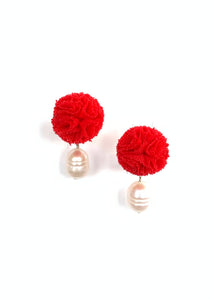 İncili Ponpon Klips Küpe - Kırmızı / Pearl Ponpon Clip-on Earring - Red