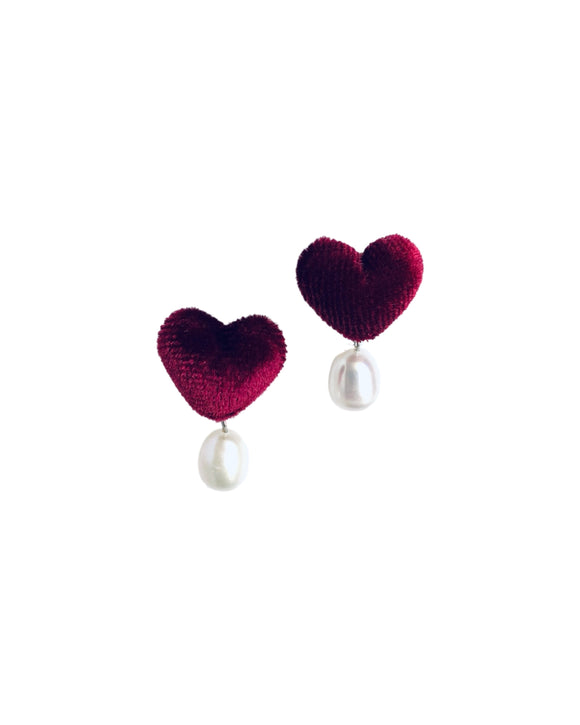 İncili Kadife Kalp Klips Küpe - Bordo  / Pearl Velvet Heart Clipon Earring - Claret