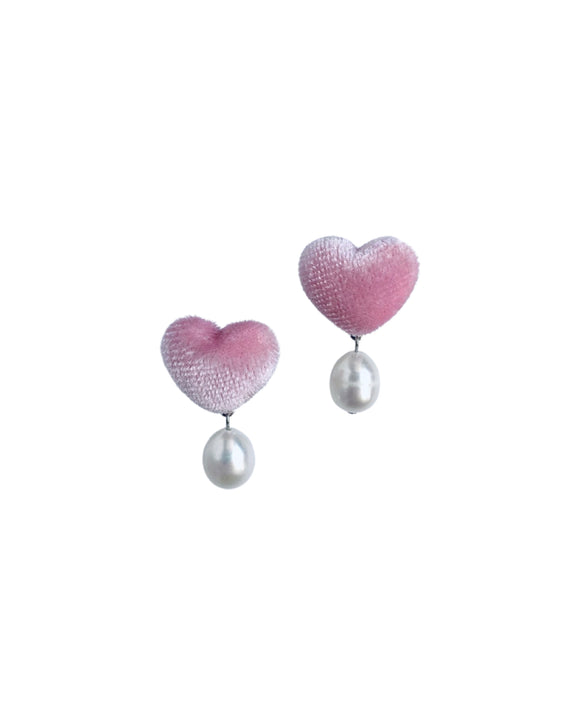 İncili Kadife Kalp Klips Küpe - Pembe  / Pearl Velvet Heart Clipon Earring - Pink