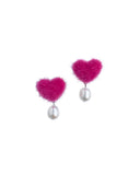 İncili Tüylü Kalp Klips Küpe - Macenta  / Pearl Fluffy Heart Clipon Earring - Dark Pink