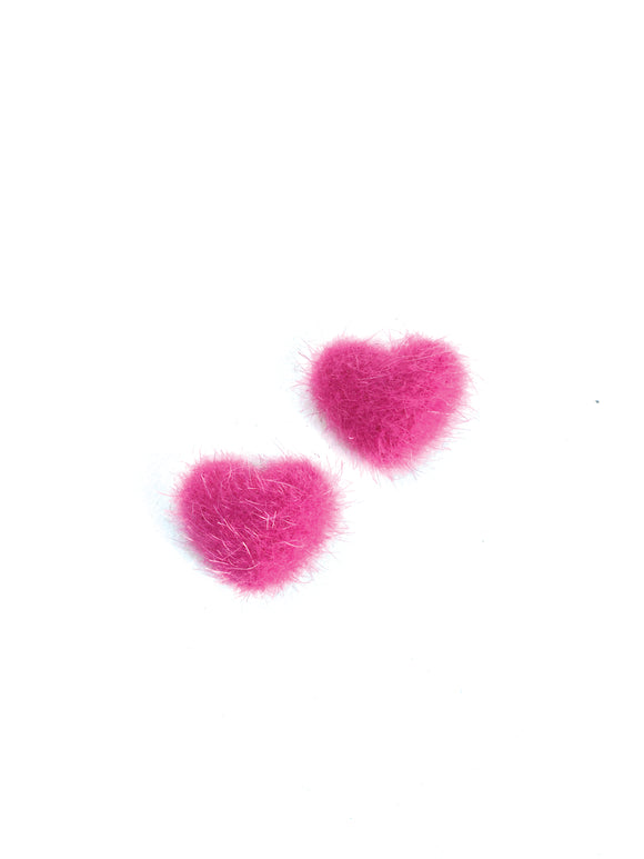 Tüylü Kalp Klips Küpe - Macenta  / Fluffy Heart Clip-on Earring - Hot Pink