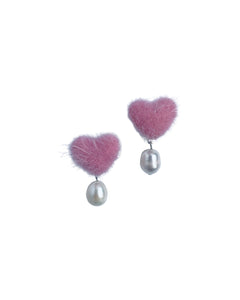 İncili Tüylü Kalp Klips Küpe - Pembe  / Pearl Fluffy Heart Clip-on Earring - Pink