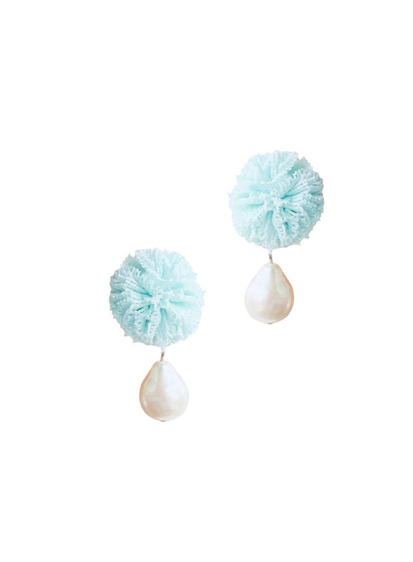 İncili Ponpon Klips Küpe - Su Yeşili / Pearl Ponpon Clip-on Earring - Turkuaz