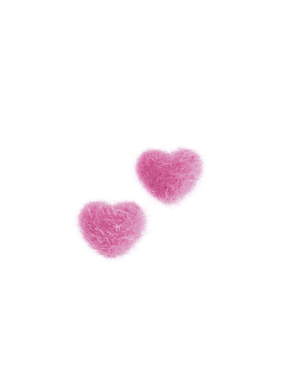 Tüylü Kalp Klips Küpe - Pembe  / Fluffy Heart Clip-on Earring - Pink