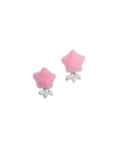 İncili Tüylü Yıldız Klips Küpe - Pembe  / Pearl Fluffy Star Clip-on Earring - Pink