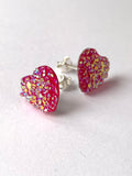 Kristal Kalp Gümüş Stud Küpe - Macenta / Crystal Heart Silver Stud Earring - Dark Pink