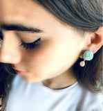 İncili Ponpon Klips Küpe - Su Yeşili / Pearl Ponpon Clip-on Earring - Turkuaz