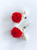 İncili Ponpon Klips Küpe - Kırmızı / Pearl Ponpon Clip-on Earring - Red