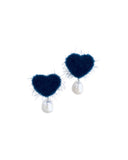 İncili Tüylü Kalp Klips Küpe - Lacivert  / Pearl Fluffy Heart Clip-on Earring - Navy