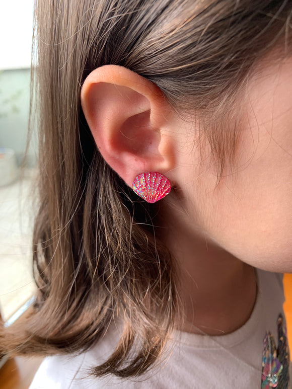 Deniz Kızı Kabuğu Klips Küpe - Macenta / Mermaid Sea Shell Clip-on Earring - Hot Pink