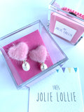 İncili Tüylü Kalp Klips Küpe - Pembe  / Pearl Fluffy Heart Clip-on Earring - Pink